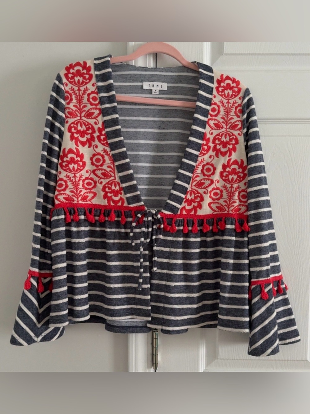THML Navy & White Striped Cardigan with Red Floral Trim Boho Tie- String• Size M